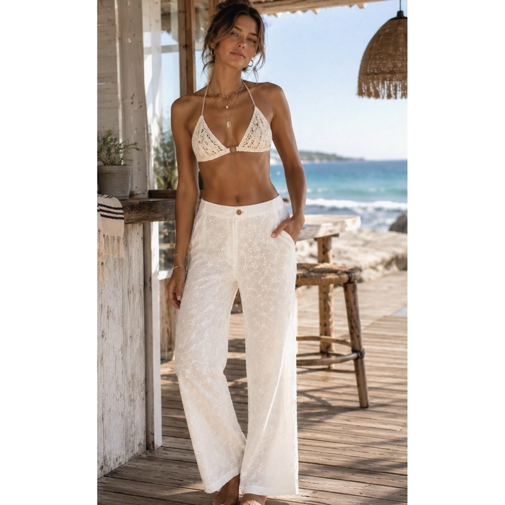 Womens Eyelet Wide Leg Minimalist Linen Pants Size 14 Resort Luxury Travel Beach